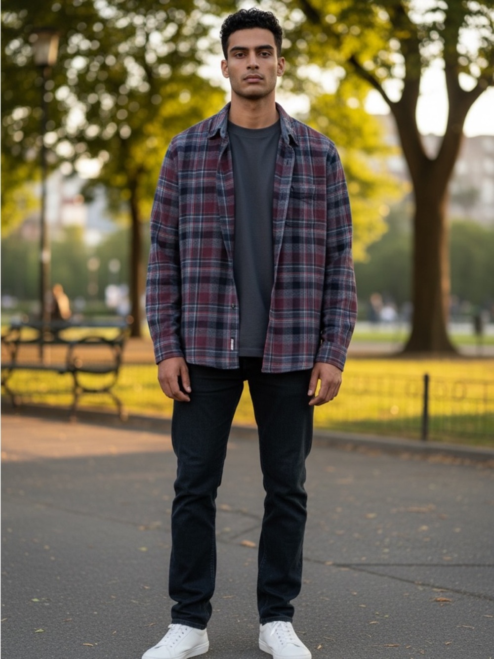 Original Penguin Light Blue Plaid flannel Trim Button-Up Shirt heritage slim